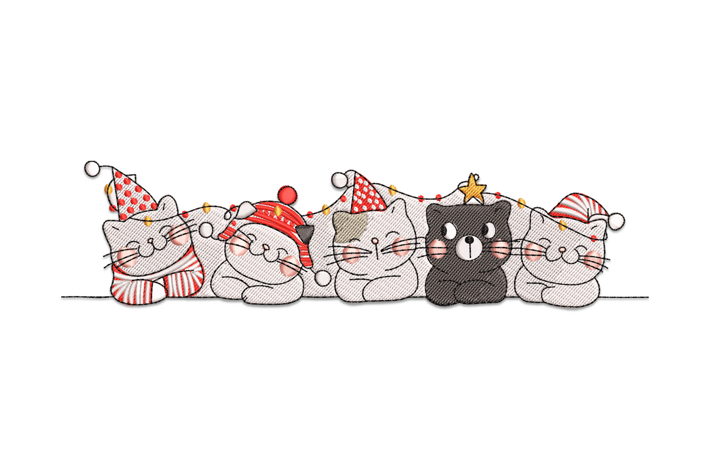 Machine embroidery border design of cats in holiday hats with a looping string of coloured lights, narrow vertical strip in 10 colours.