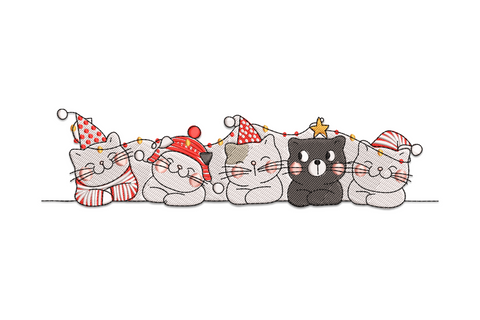 Machine embroidery border design of cats in holiday hats with a looping string of coloured lights, narrow vertical strip in 10 colours.