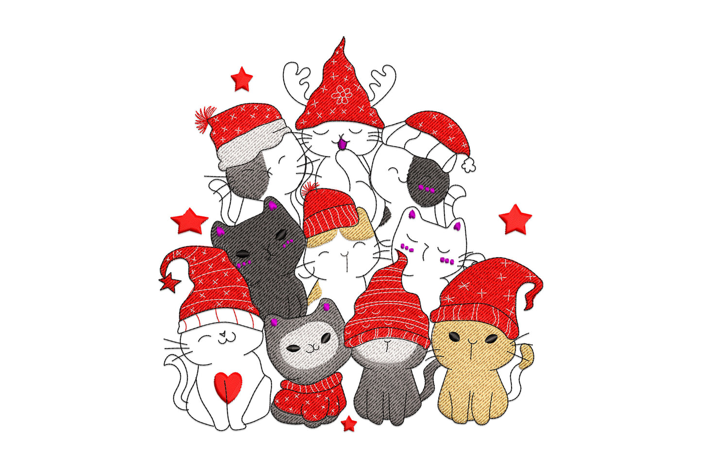 Christmas cats embroidery, five cartoon cats in red Santa hats in a pyramid with string lights, purple baubles and red stars.