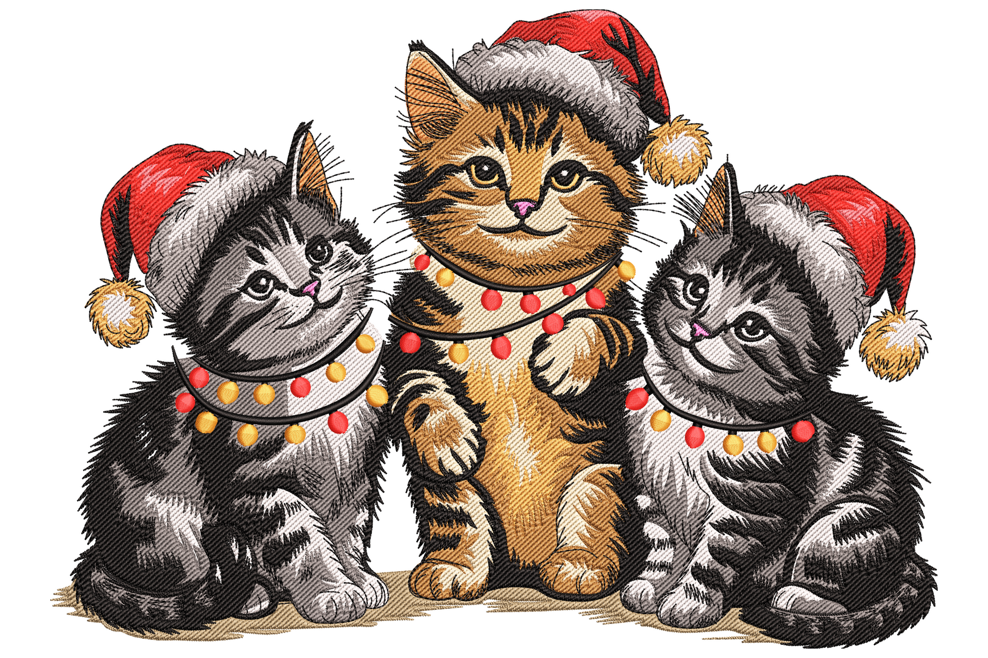 Christmas Cats Trio embroidery design showing three kittens in red Santa hats sharing a strand of alternating red and yellow Christmas lights, centre cat ginger tabby flanked by two grey tabbies.