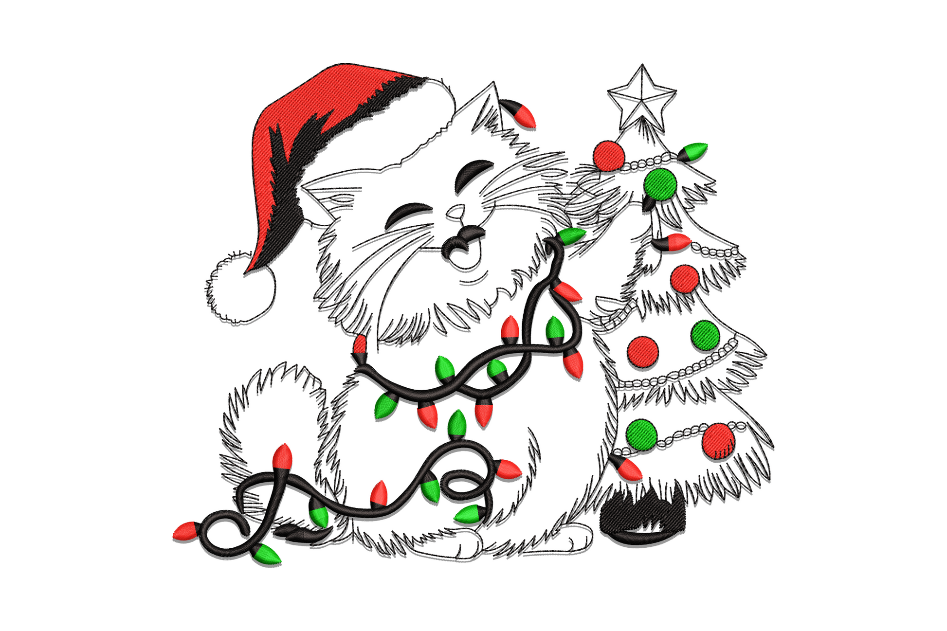 Christmas cat embroidery design, fluffy white kitten in red santa hat tangled in fairy lights next to a decorated tree.