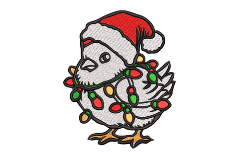 Christmas chicken embroidery design showing a round farm bird in a Santa hat and green scarf, directional satin feathers in red, cream, and gold, stitched on fabric