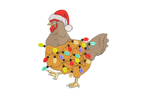 Christmas chicken embroidery design, hen in a santa hat wrapped in colourful fairy lights, 9 colours, 5 sizes.