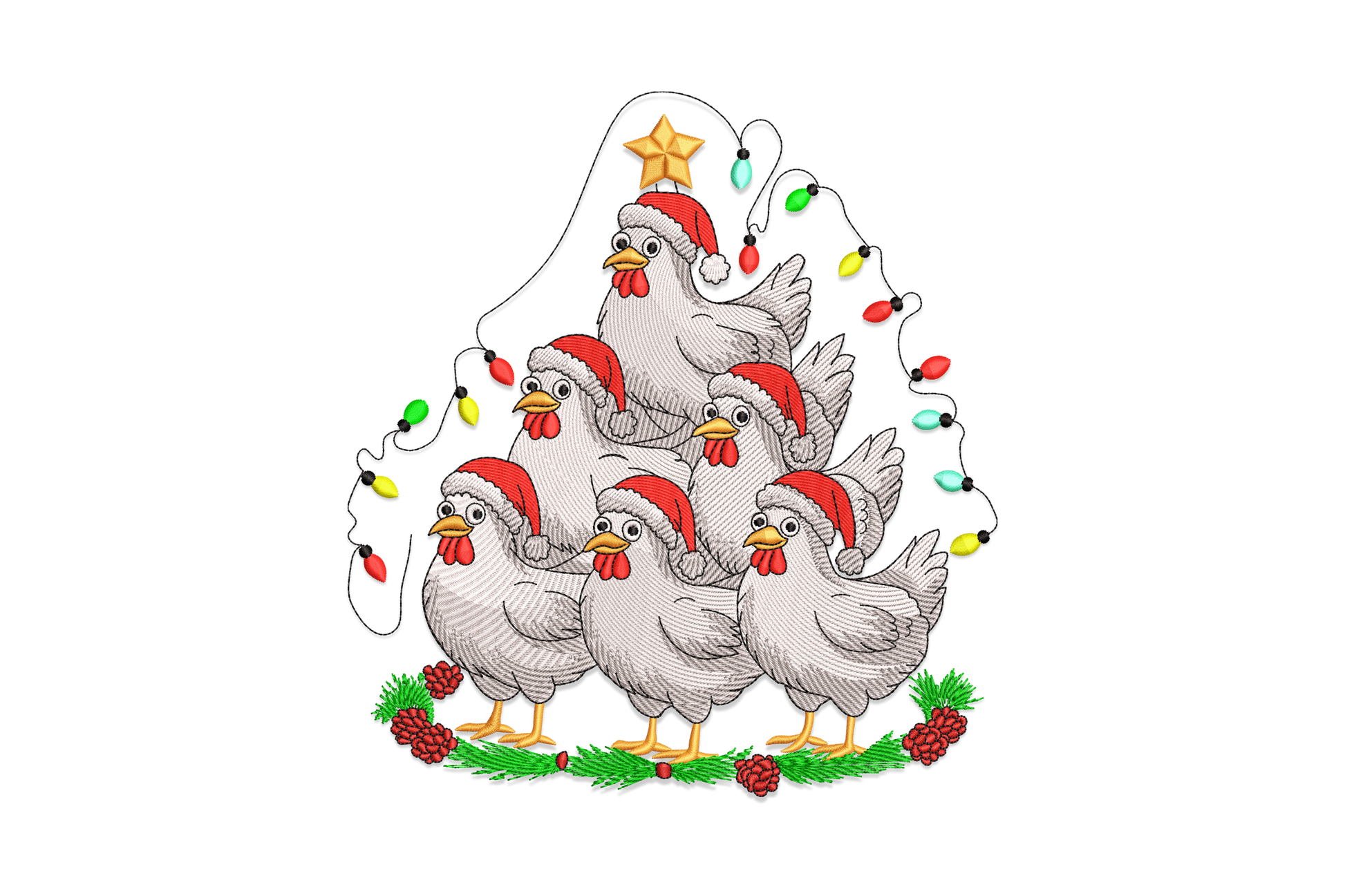 Six white chickens in Santa hats stacked into a tree pyramid with a gold star topper, string lights and pine cones.