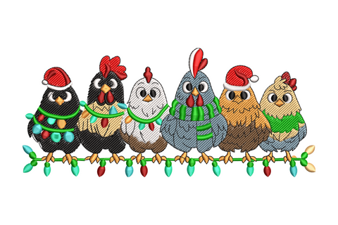 Vertical stack of round chickens perched on colourful christmas lights, tall narrow farmhouse holiday embroidery design.