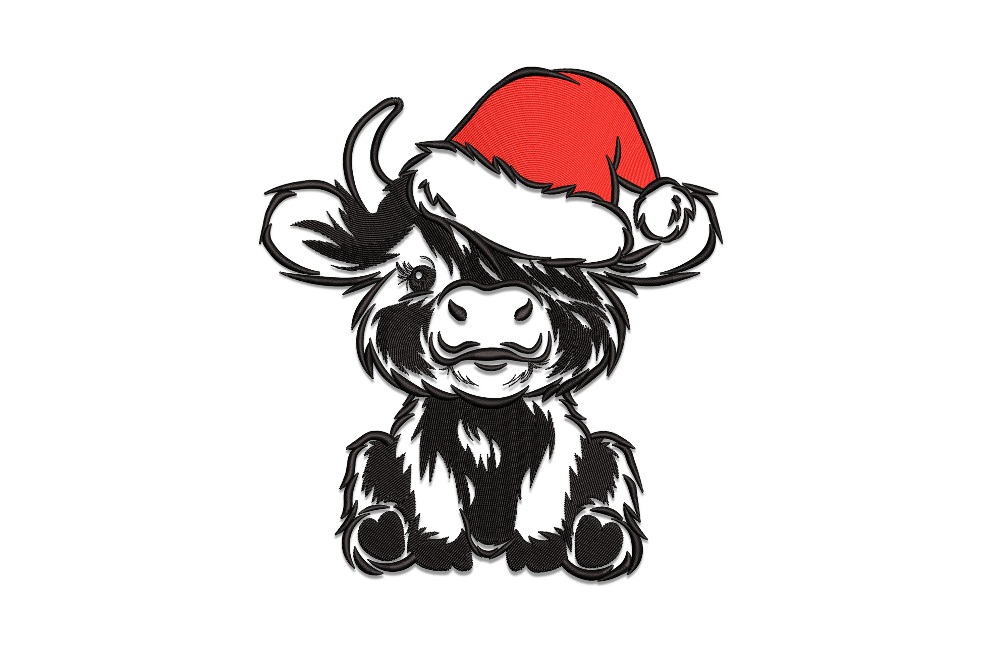 Christmas highland cow embroidery design, baby calf with santa hat in black ink-sketch style with red fill, 5 sizes.