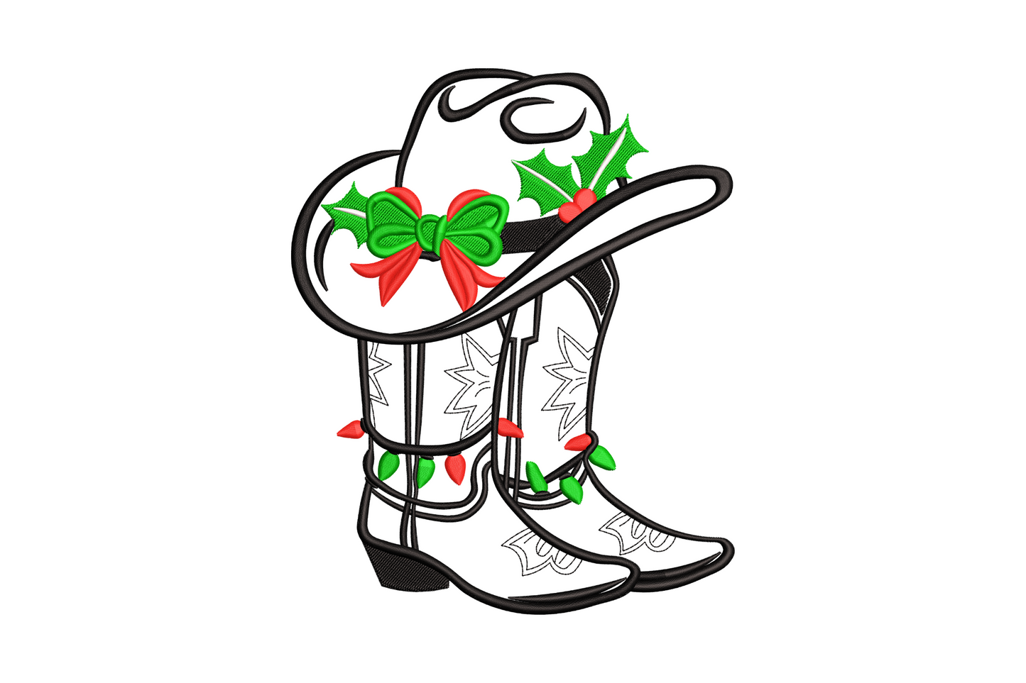 Machine embroidery design of two Christmas cowboy boots with a wide-brim hat, holly sprigs, red bows, and hanging Christmas lights