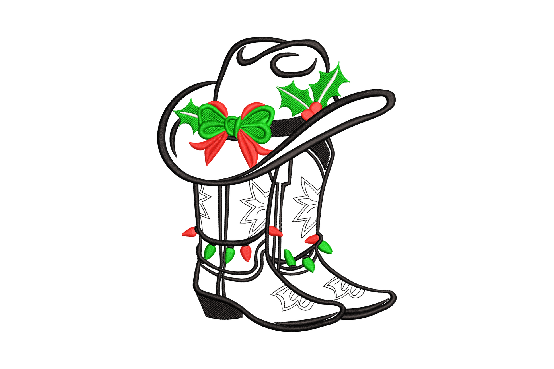 Machine embroidery design of two Christmas cowboy boots with a wide-brim hat, holly sprigs, red bows, and hanging Christmas lights