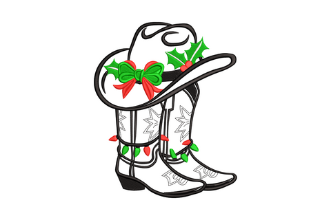 Machine embroidery design of two Christmas cowboy boots with a wide-brim hat, holly sprigs, red bows, and hanging Christmas lights