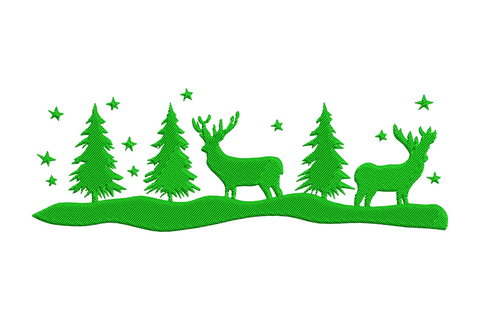 Christmas deer forest border embroidery design with stag silhouettes, pine trees and stars in green, 5 sizes