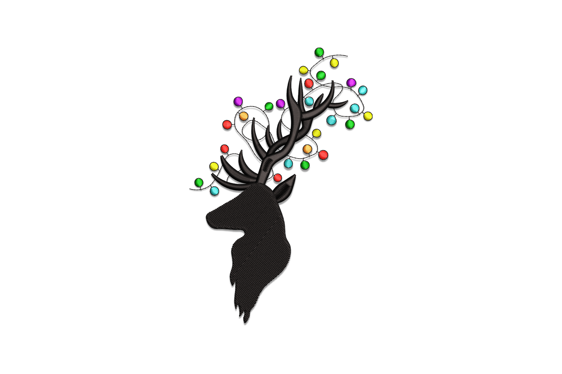 Black side-profile Christmas deer silhouette facing left with round colourful globe lights threaded through compact antlers.