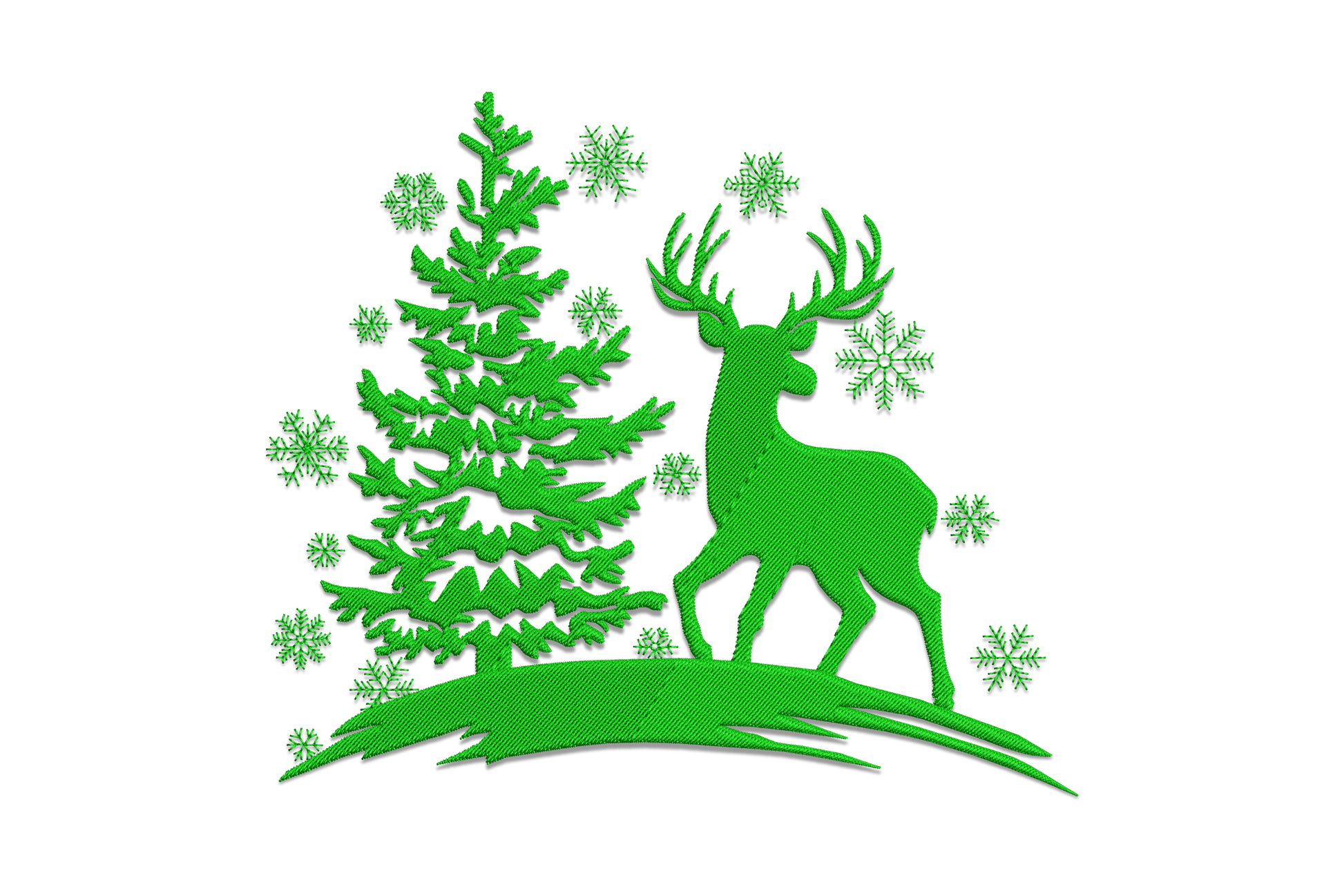 Dark green deer and pine tree silhouette embroidery with snowflakes, flat cut-paper style, single color