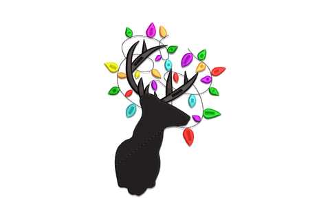 Black right-facing deer silhouette with slim antlers and eight colourful oval Christmas lights fanning outward.