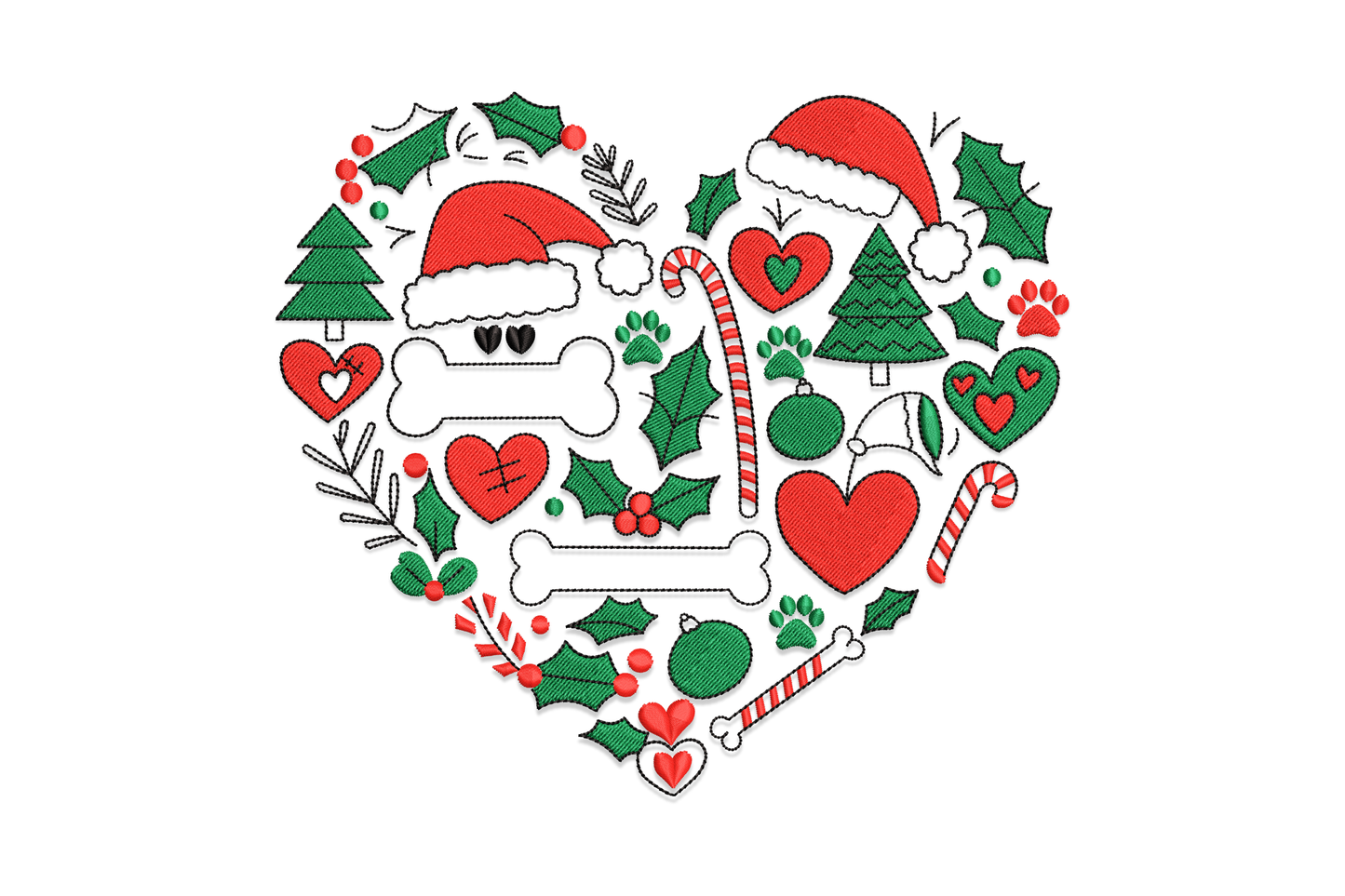 Christmas dog heart embroidery design showing a chocolate satin dog face inside a cream heart outline with a green Santa hat, machine embroidery design for canvas totes and holiday gifts.
