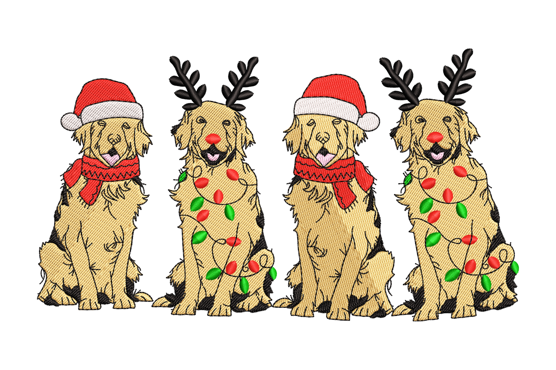Four Christmas golden retrievers in a row, Santa hats and reindeer antlers, lights tangled around them, 6 colors sketchy style