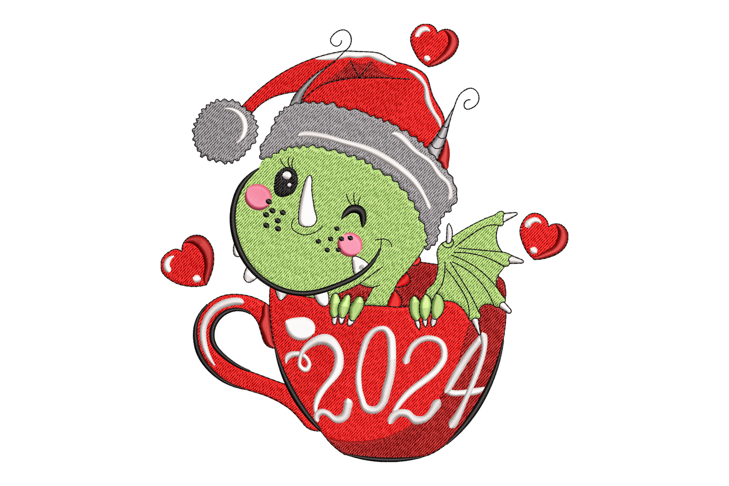 Christmas dragon embroidery design, green cartoon dragon in red santa hat, 7 colours, 5 sizes up to 7.51 inches wide.