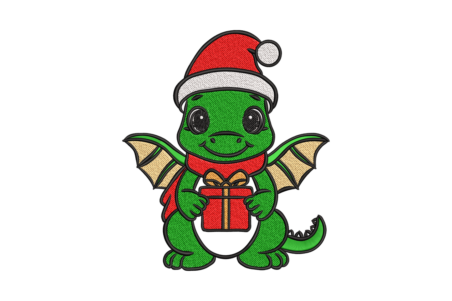 Christmas dragon embroidery design, kawaii baby dragon in green with red Santa hat, beige wings, and gift box