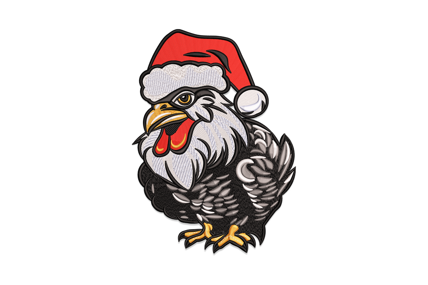 Christmas eagle embroidery design: bold bald eagle in red Santa hat with white pompom and gold beak.