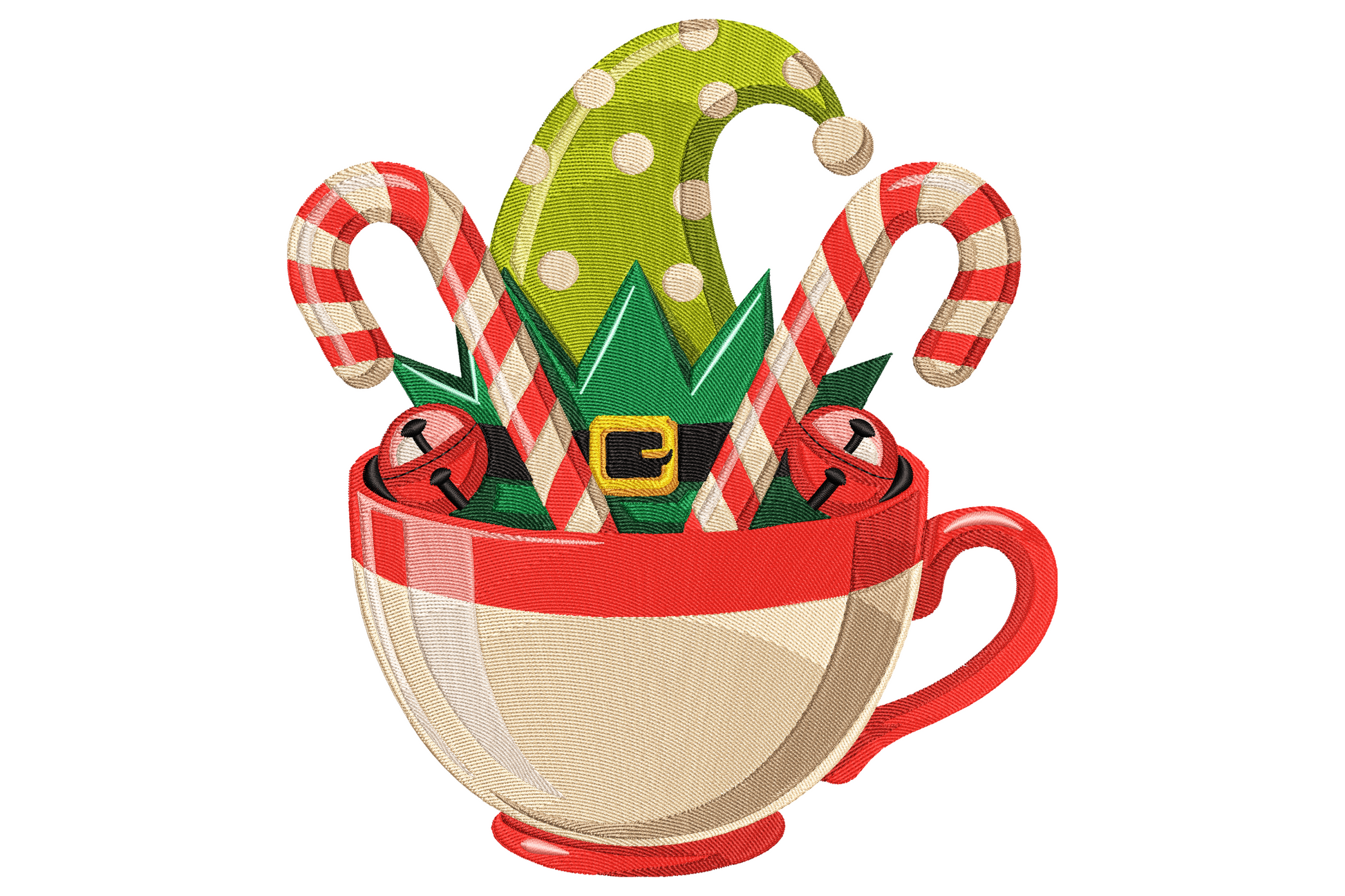 Red and cream teacup filled with green elf hat, candy canes, holly leaves and berries, festive christmas embroidery design
