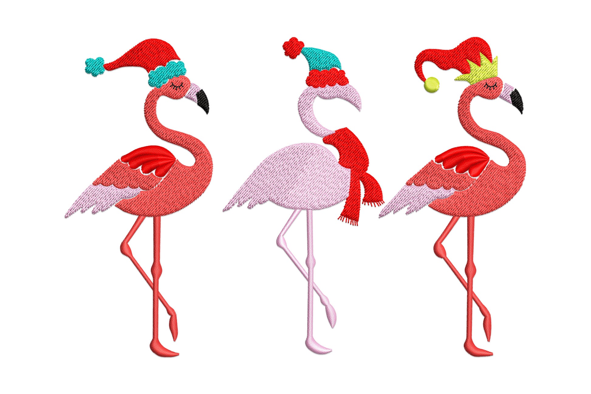 Christmas flamingo trio embroidery, three flamingos in holiday hats and red scarf, coral pink and aqua on white.