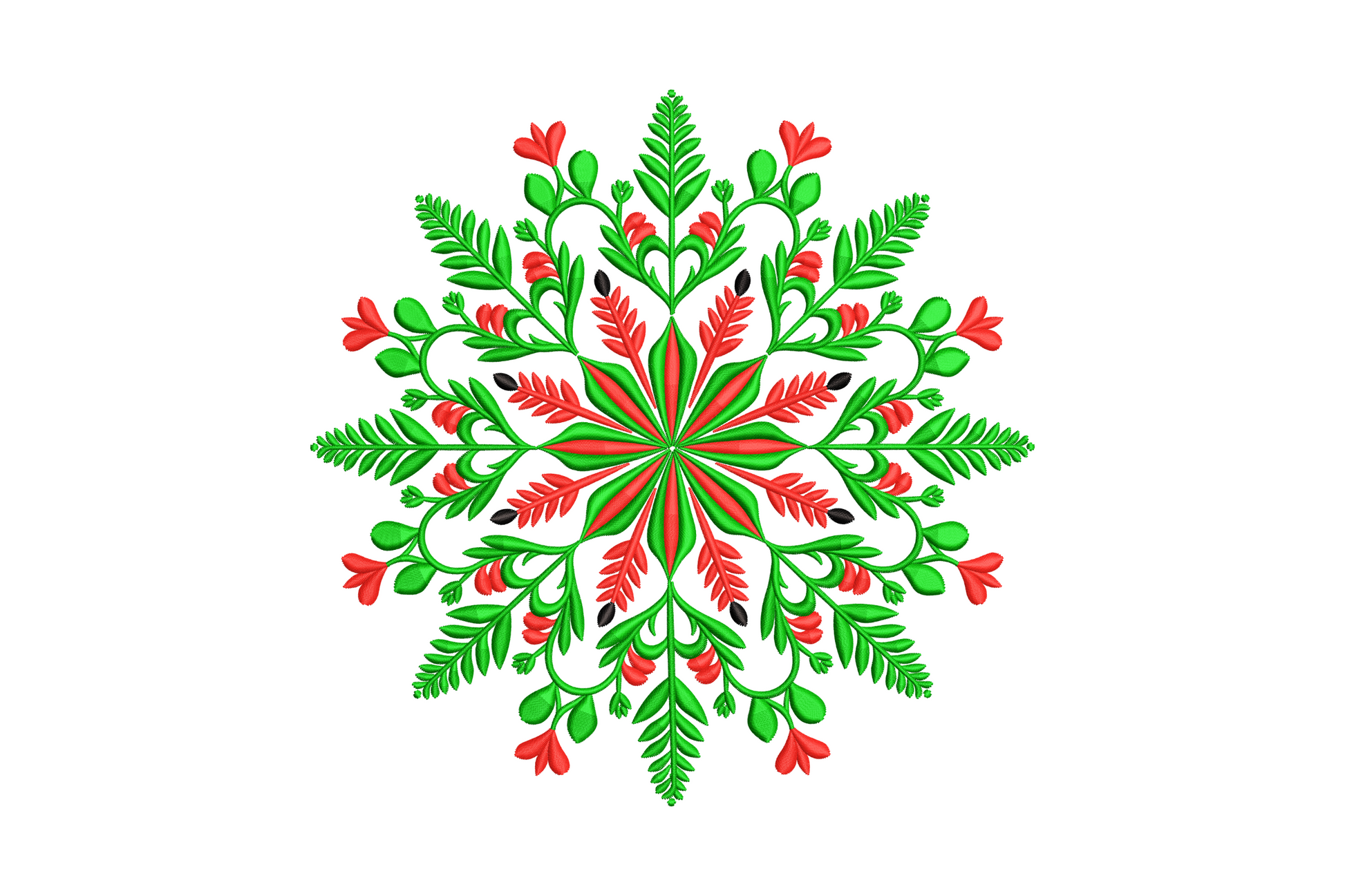 Machine embroidery Christmas floral mandala with 8-way radial symmetry, fern fronds, holly berries, red and dark green on white