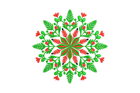 Machine embroidery Christmas floral mandala with 8-way radial symmetry, fern fronds, holly berries, red and dark green on white