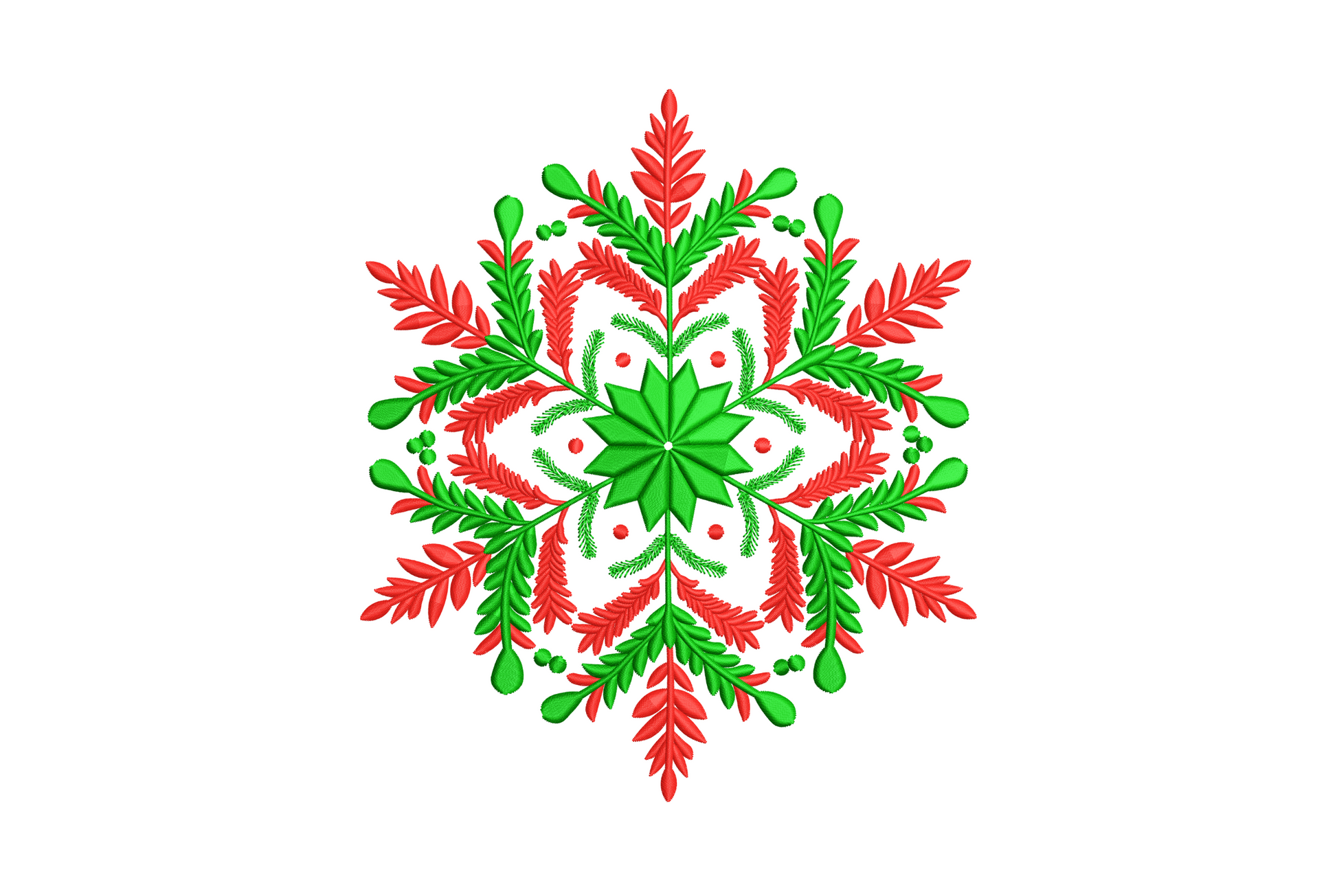 Christmas floral mandala embroidery design in red and green with feathered botanical arms and star-flower centre, up to 7.5 inches wide.