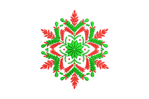 Christmas floral mandala embroidery design in red and green with feathered botanical arms and star-flower centre, up to 7.5 inches wide.