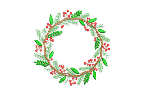 Christmas wreath embroidery design with dark green pine sprigs and broad leaves layered on a twisted brown vine ring with red berry clusters throughout, five sizes on white background