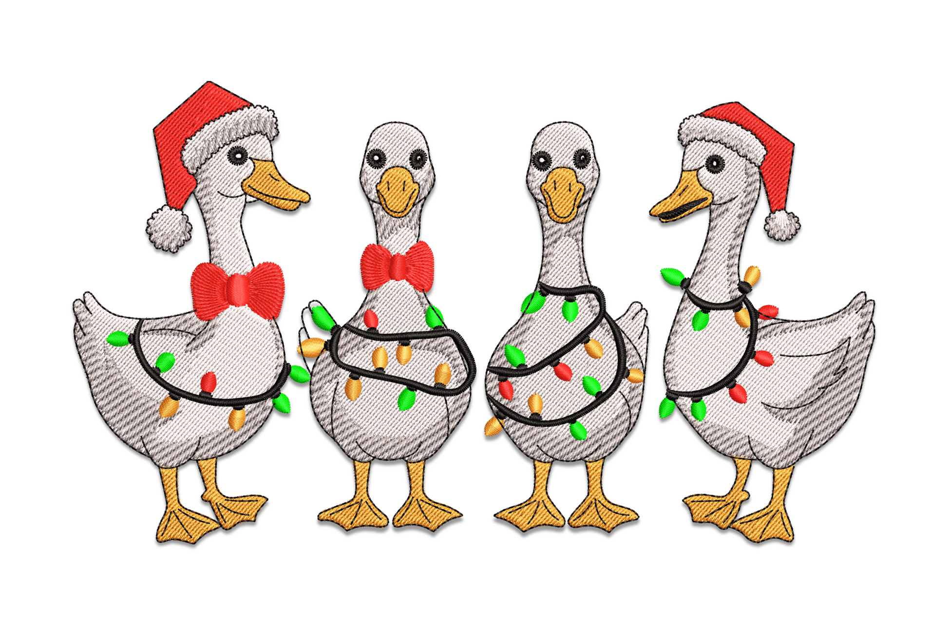 Christmas geese with fairy lights embroidery design, plump white geese in red scarves with colourful bulbs, 5 sizes holiday animal