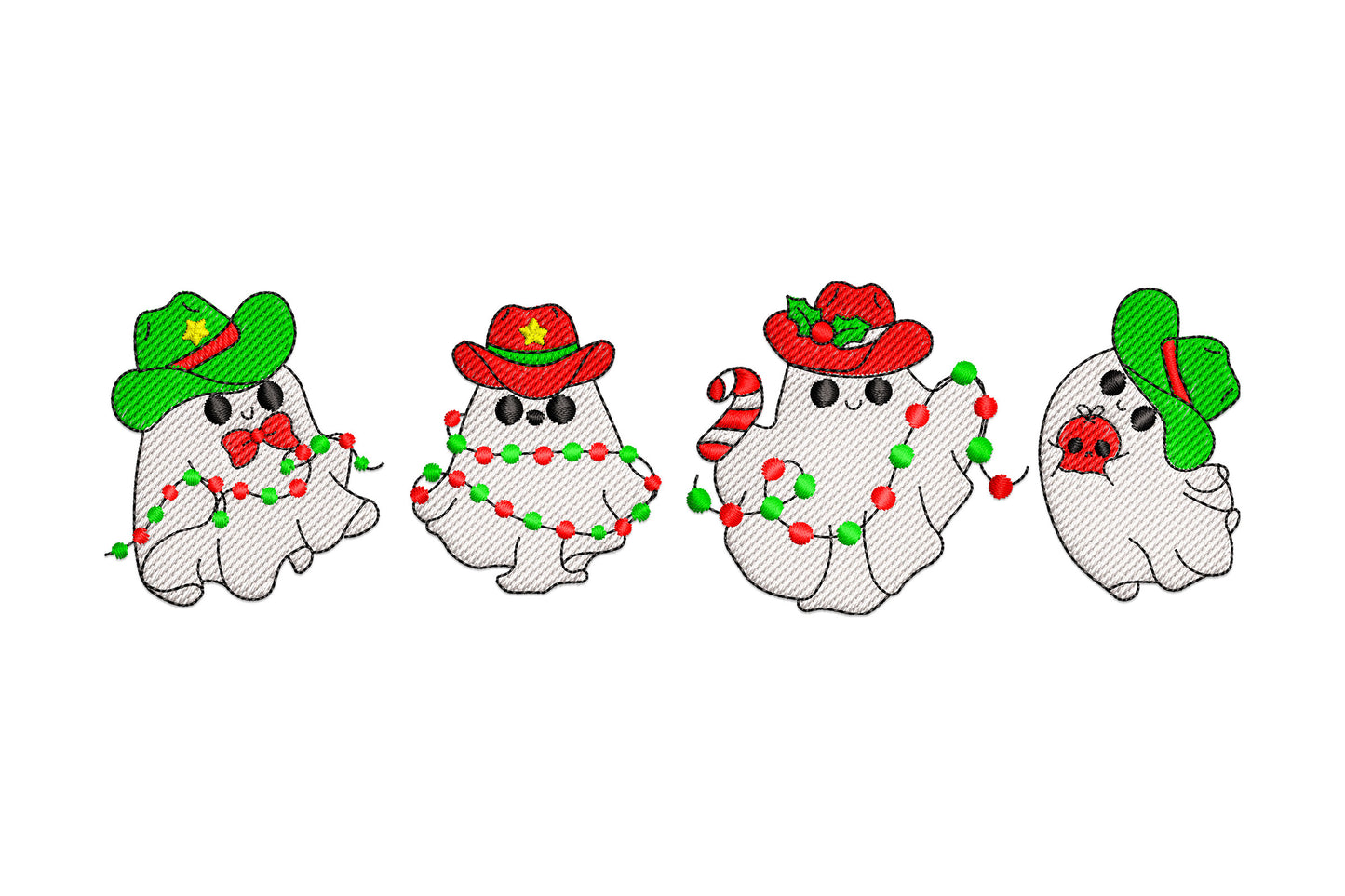 Christmas ghost embroidery, four round cartoon ghosts in different holiday hats with red and green garland, cream and black.