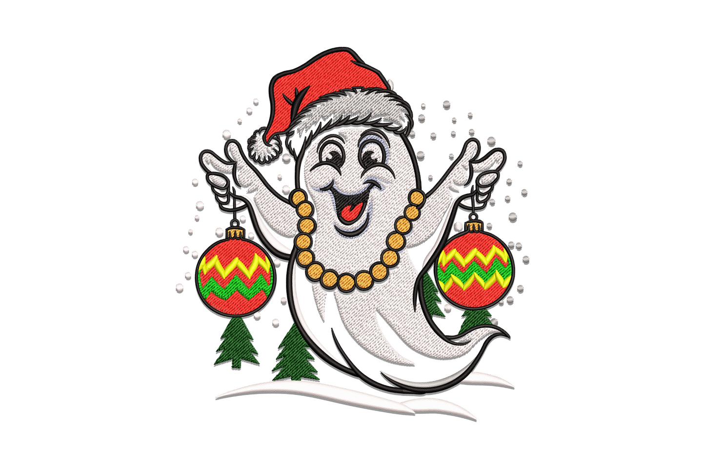 Christmas ghost embroidery wearing red santa hat, gold bead necklace and holding red ornament balls with christmas trees at the base.