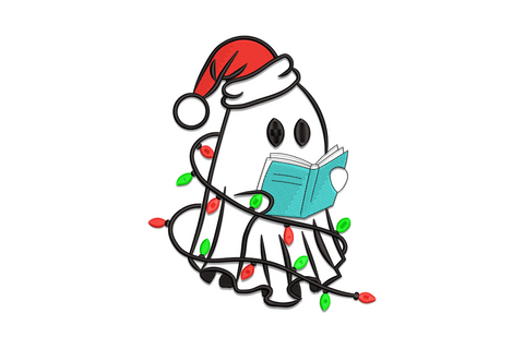 Cartoon ghost embroidery in Santa hat reading an aqua book, wrapped in red and green string lights with black outline.