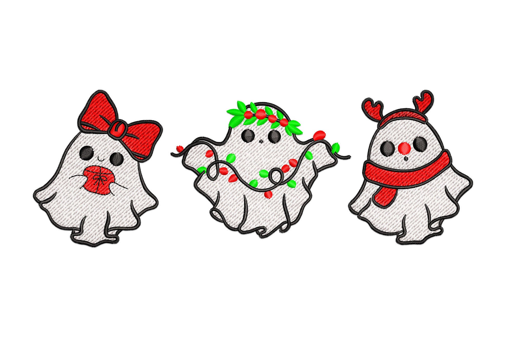 Christmas ghost trio embroidery, three white ghosts with red bow, holly fairy lights crown, and reindeer antlers scarf.