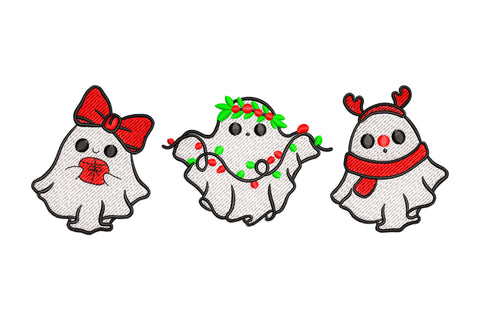 Christmas ghost trio embroidery, three white ghosts with red bow, holly fairy lights crown, and reindeer antlers scarf.