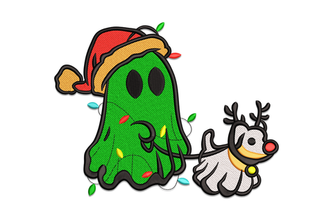 Christmas ghost Santa hat fairy lights beside cartoon reindeer, dark green ghost, white reindeer, red nose, 7-color kawaii design.