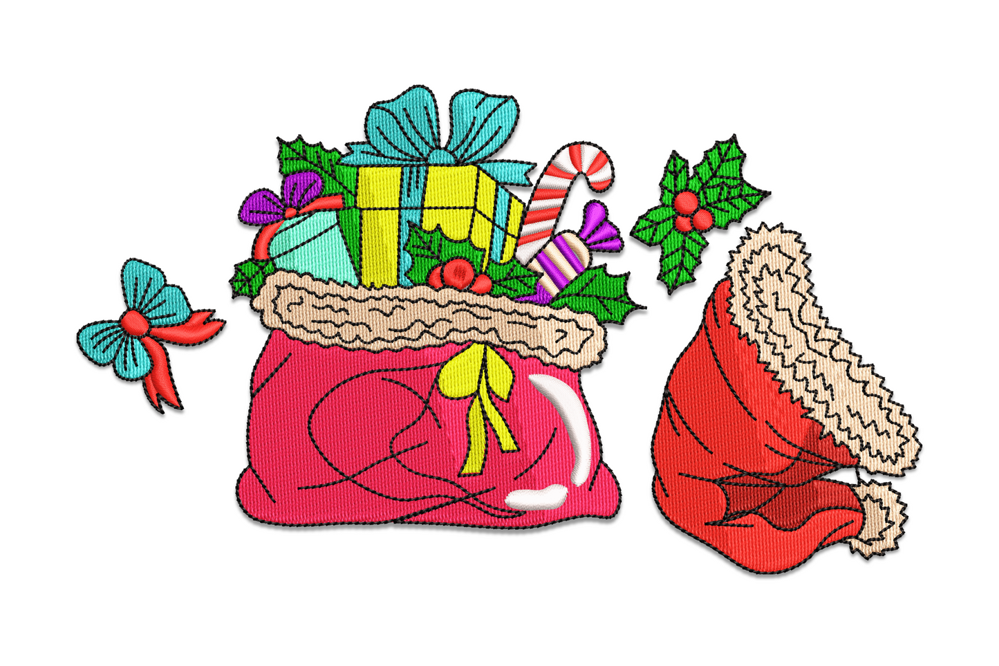 Christmas gift sack embroidery design, scarlet Santa sack with gifts, candy cane and holly on canvas.