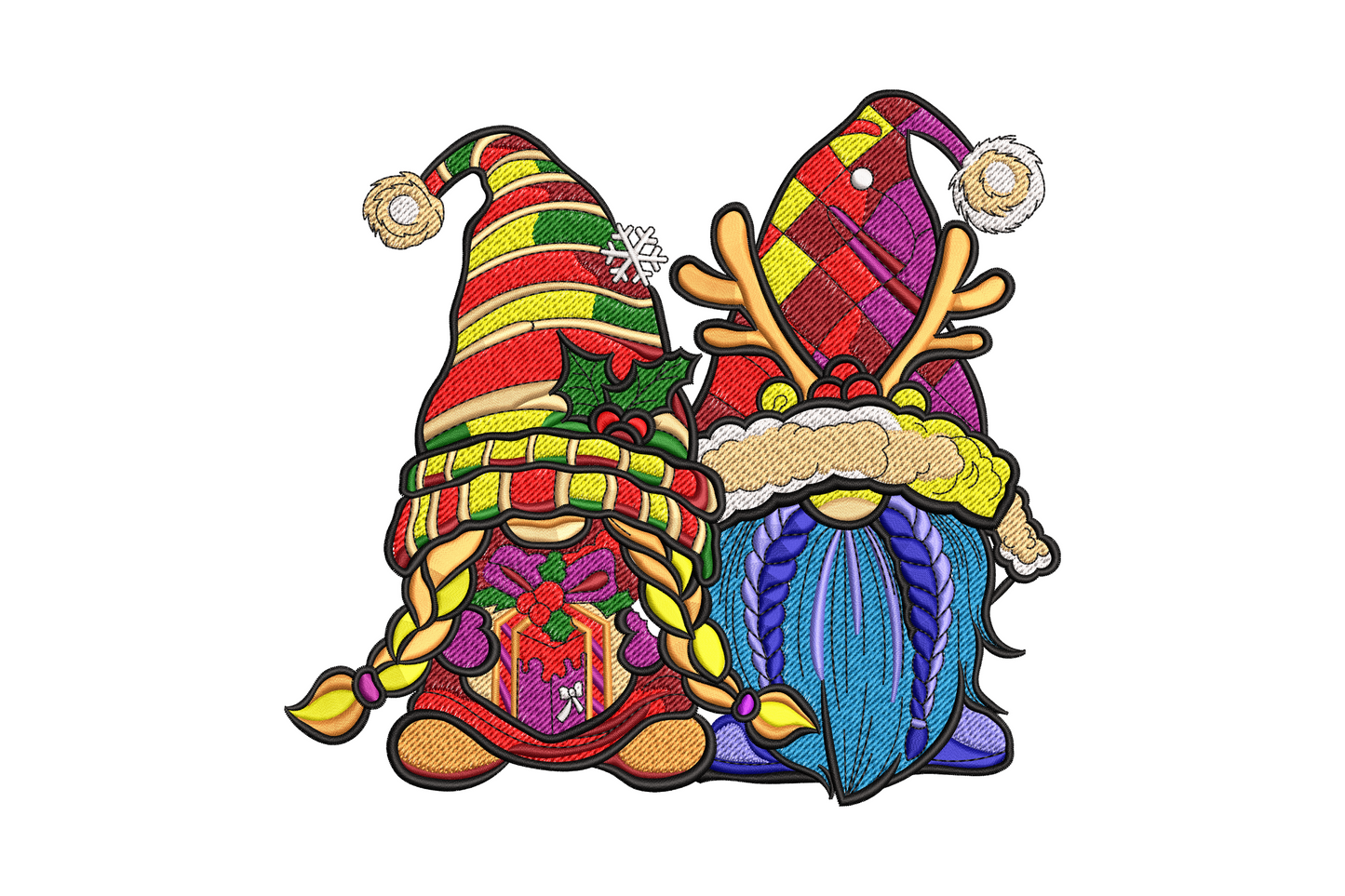 Christmas gnome couple with patchwork hats, holly sprig, reindeer antlers and long orange braided hair, two gnomes side by side.