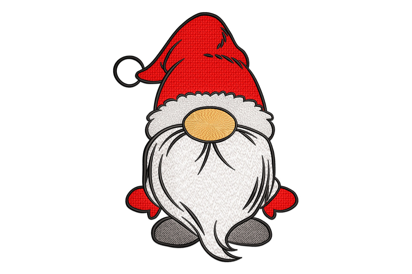 Classic christmas gnome embroidery, tall red Santa hat, white pompom, wispy white beard and grey oval feet.