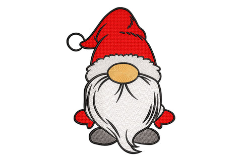 Classic christmas gnome embroidery, tall red Santa hat, white pompom, wispy white beard and grey oval feet.
