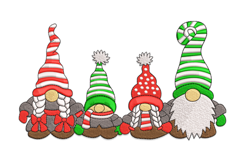 Christmas gnome family embroidery design, four gnomes in a row with striped and polka-dot hats, braided beards and bow ties in red and green.