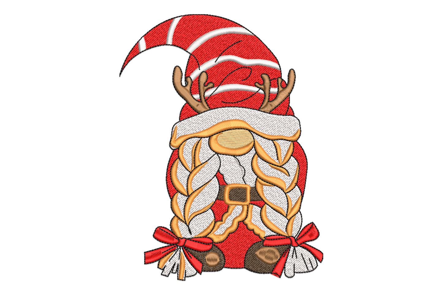 Christmas gnome girl embroidery, candy-stripe sideways hat, brown reindeer antlers, orange braided beard, red bows at feet.