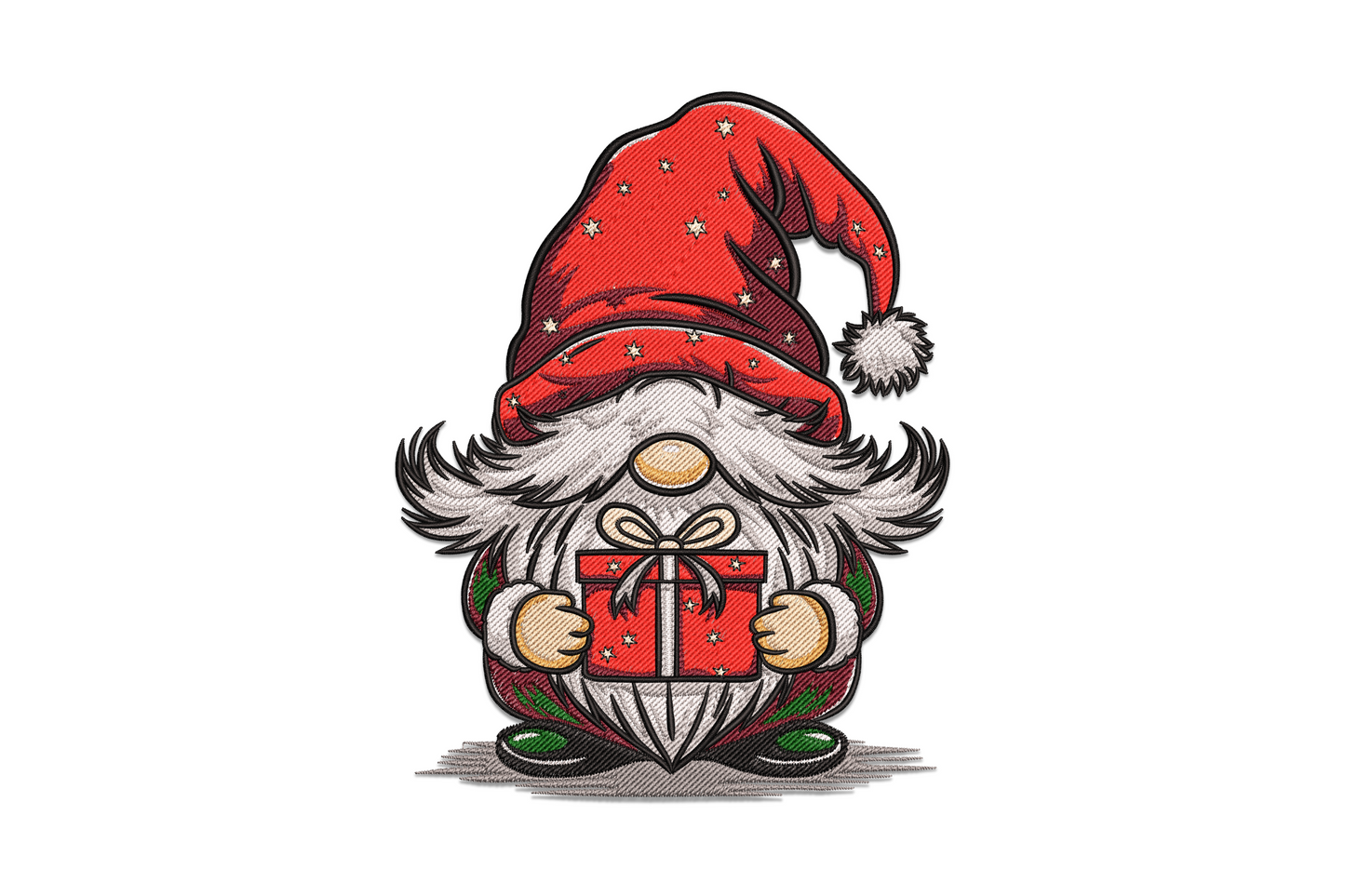 Christmas gnome embroidery design, red Santa hat with gold stars, wide spiky grey beard, holding red gift box, green shoes