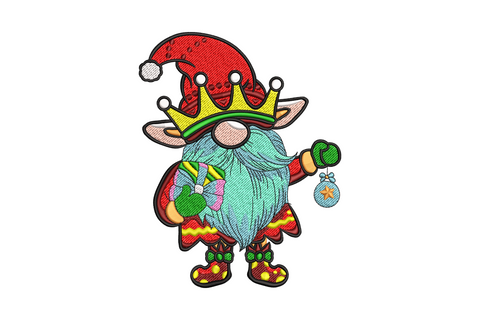 Christmas gnome king embroidery, royal purple robe, gold crown, white beard, green Christmas sack, 11 colours.