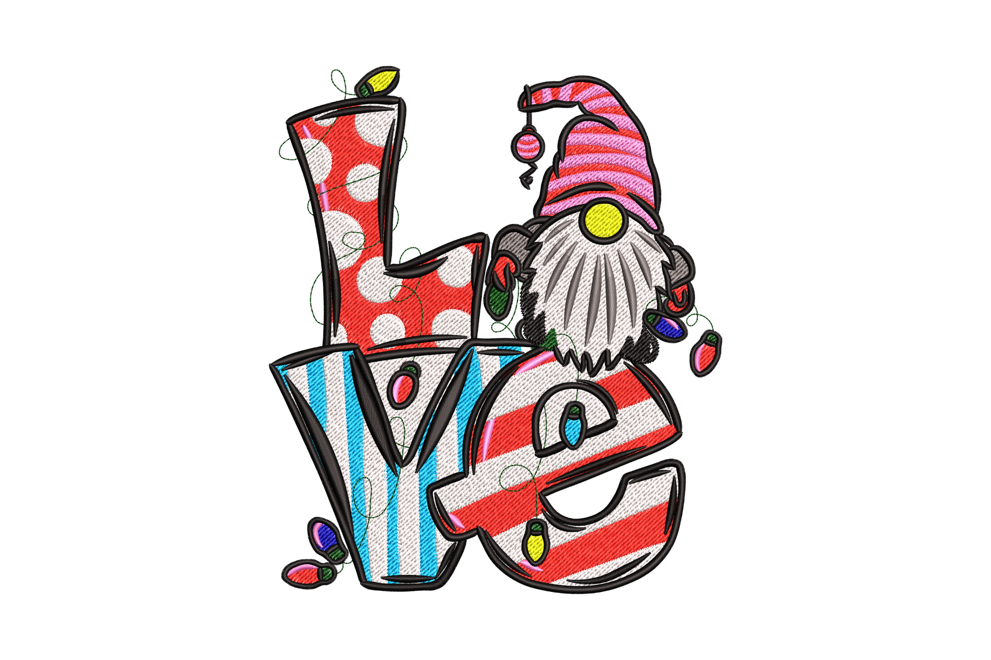 Christmas gnome LOVE embroidery, pink hat gnome beside red blue green letters wrapped in bulb light strands.