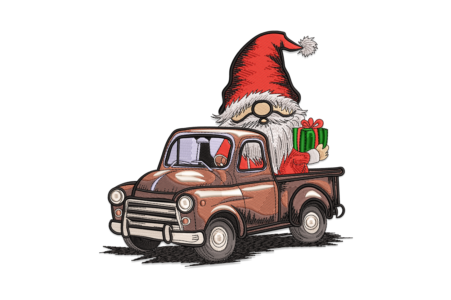 Christmas gnome truck embroidery design, gnome with grey beard driving a red flatbed loaded with a green Christmas tree.