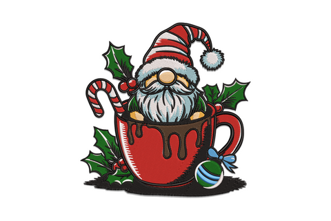 Gnome peeking from a red dripping cocoa mug with holly, candy cane and ornament, detailed Christmas embroidery design