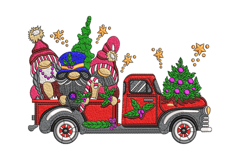 Two christmas gnomes riding a red vintage pickup truck loaded with pine branches and wrapped presents, holiday embroidery design.