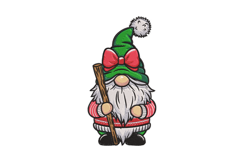 Christmas gnome embroidery design with tall green hat, red bow, fluffy white beard and wooden staff, bold filled stitch style
