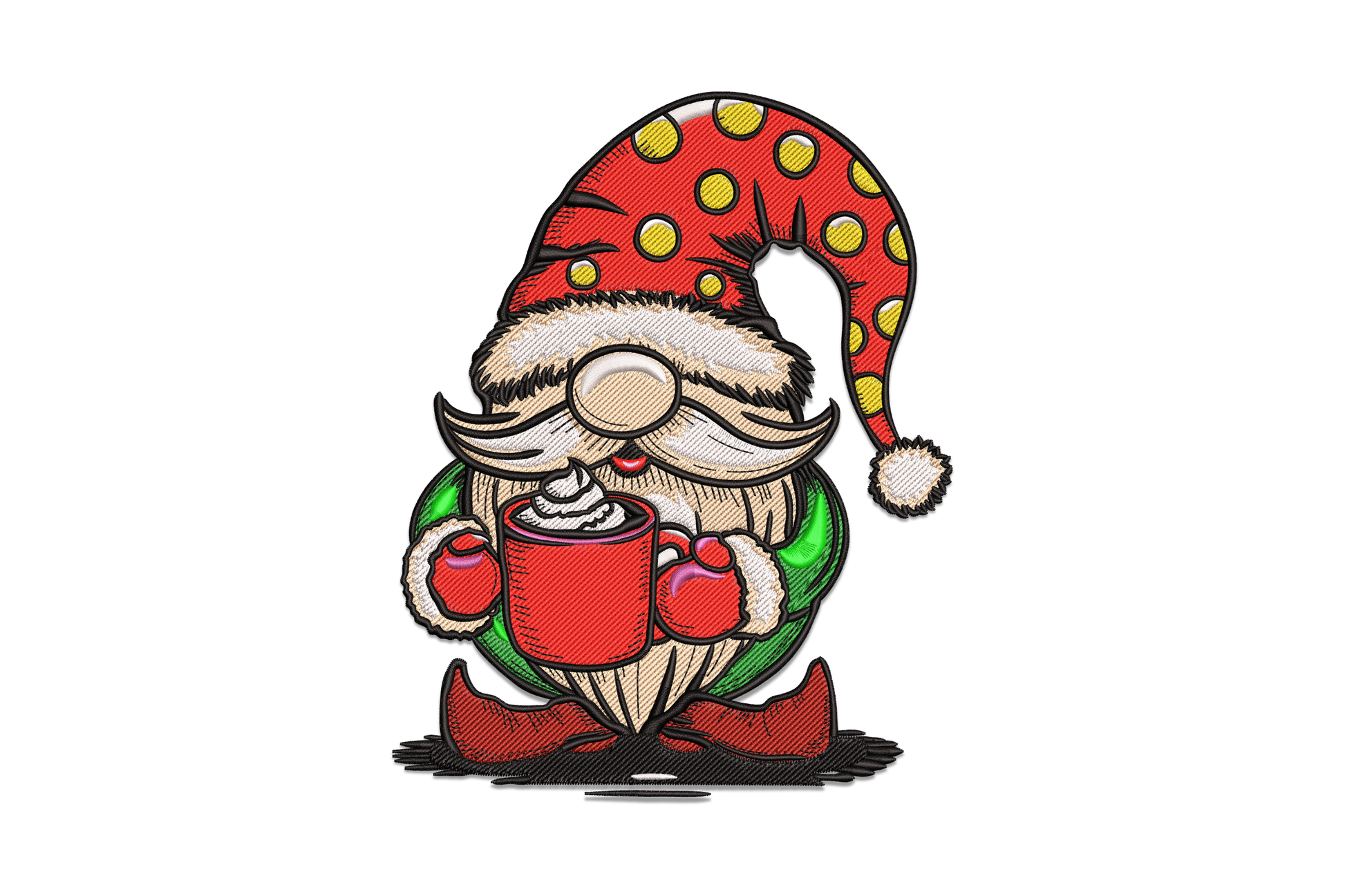 Christmas gnome embroidery design, red polka-dot hat, cream beard, green coat, holding a red cocoa mug with whipped cream, 12 colors